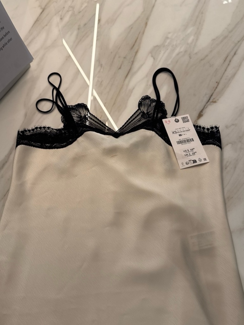 Lace-Trim Slip Chemise in Cream and Black Zara top